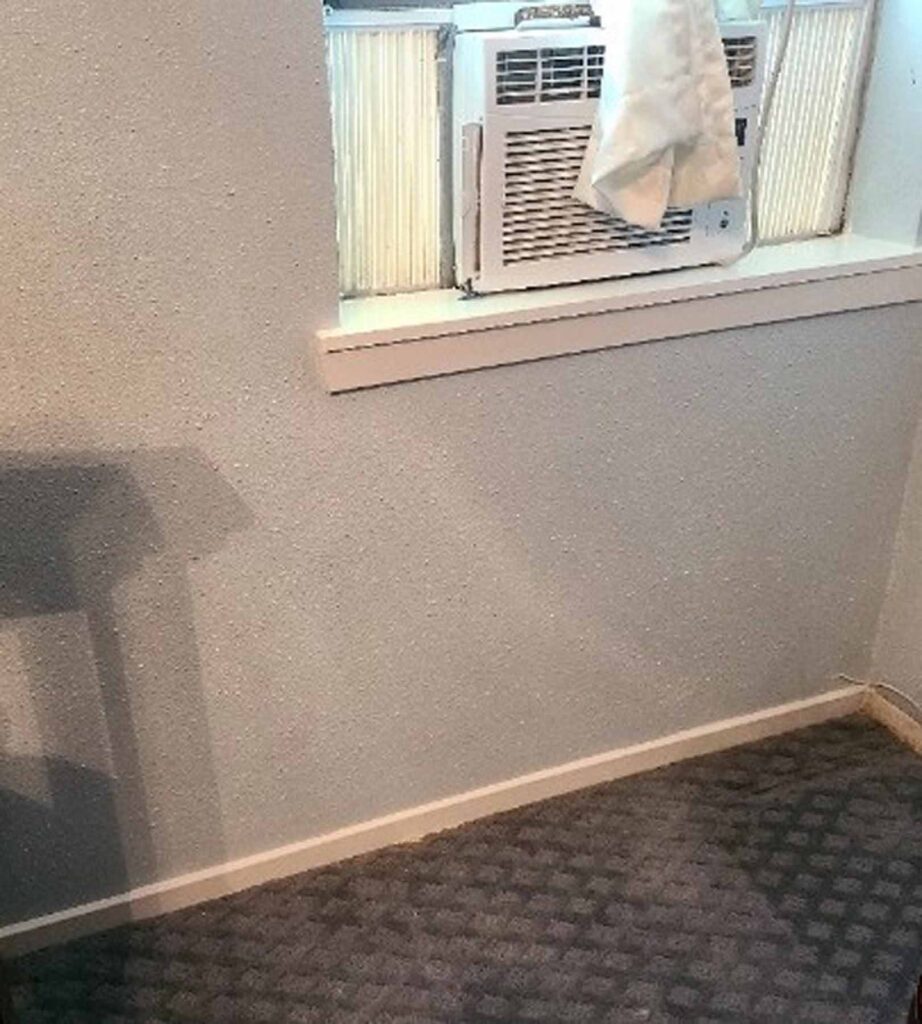 A window in the corner of a room with a cat sitting on it.