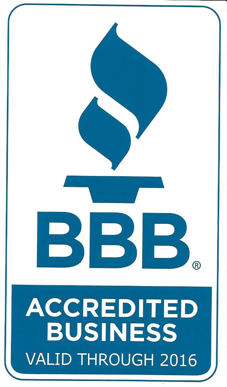 A blue bbb accredited logo with a fire on it.
